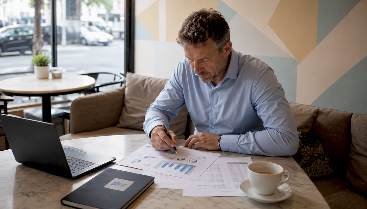 Un conseiller immobilier en pleine analyse de dossiers professionnels