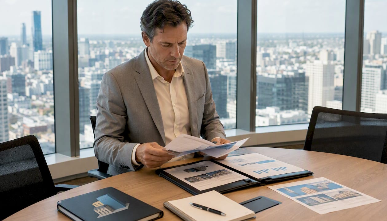 Un professionnel de l’immobilier analyse attentivement des dossiers et des rapports dans son bureau.