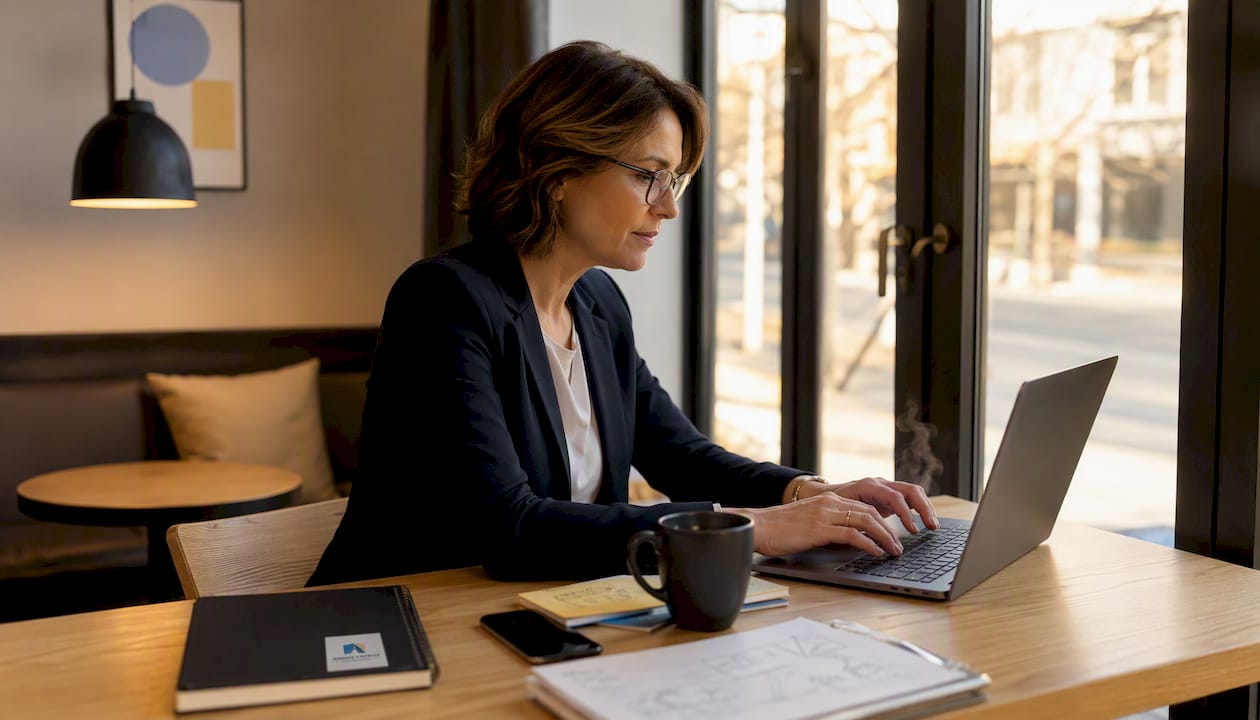 Un consultant en pleine séance de travail, concentré sur son ordinateur portable dans son bureau à domicile.