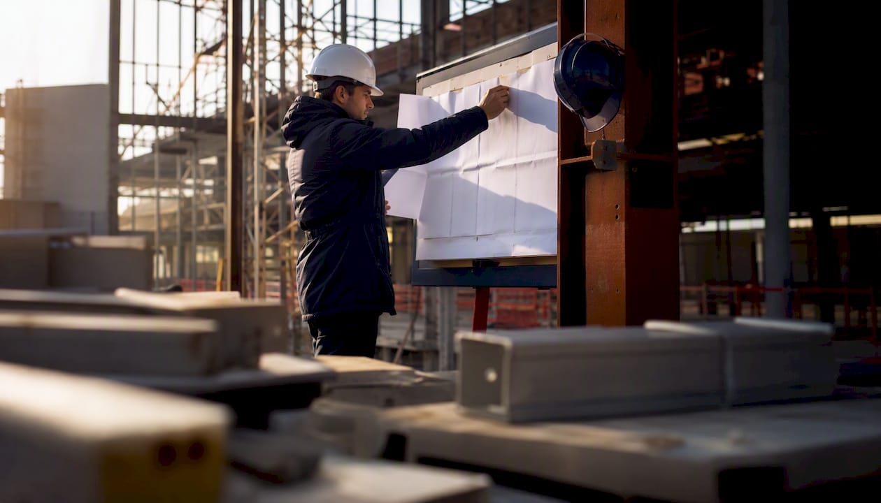 Un technicien vérifie et ajuste les plans sur le chantier de construction.