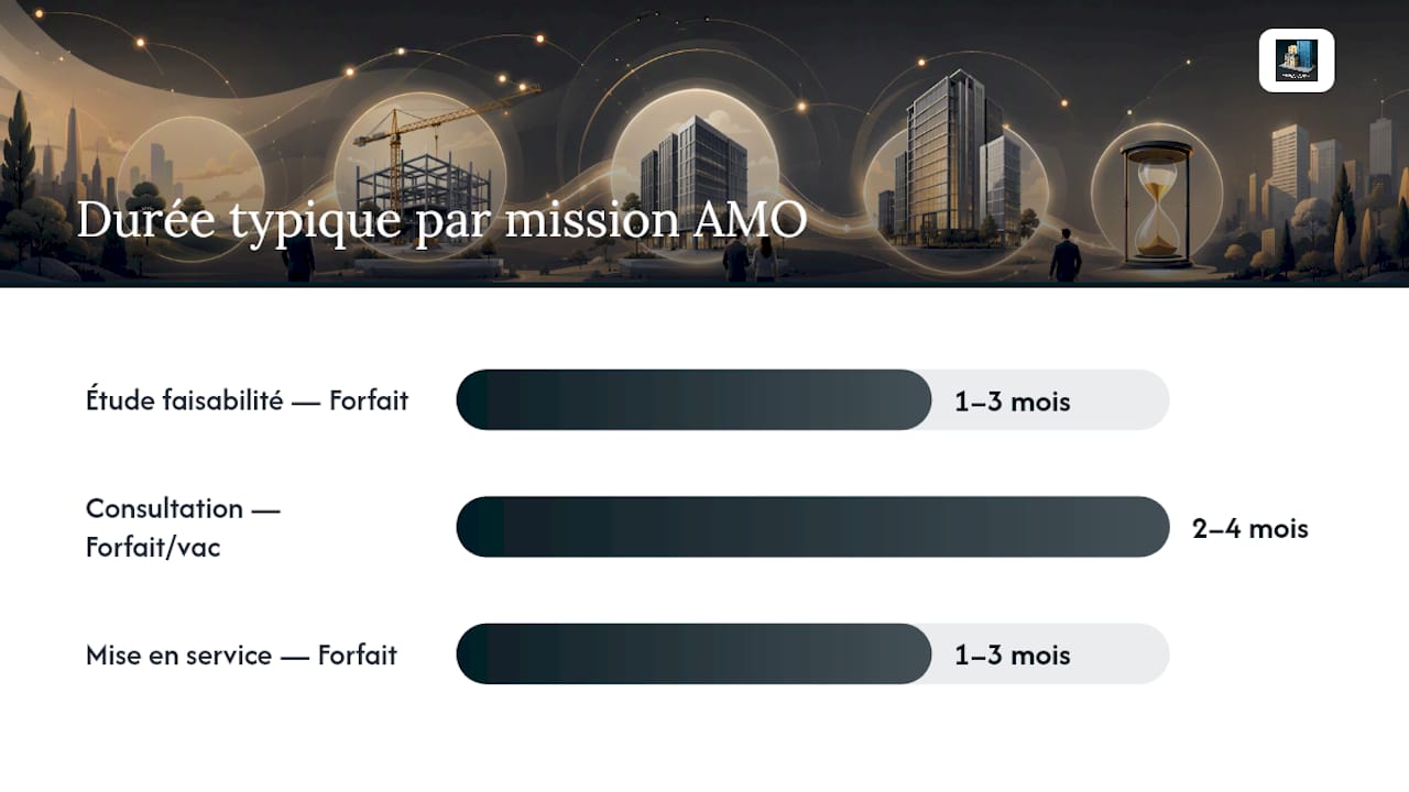 Tableau récapitulatif des différentes missions d’AMO, avec leurs durées et tarifs associés