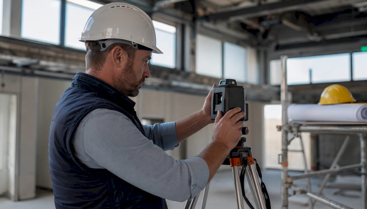 Un technicien règle le niveau laser sur le chantier.