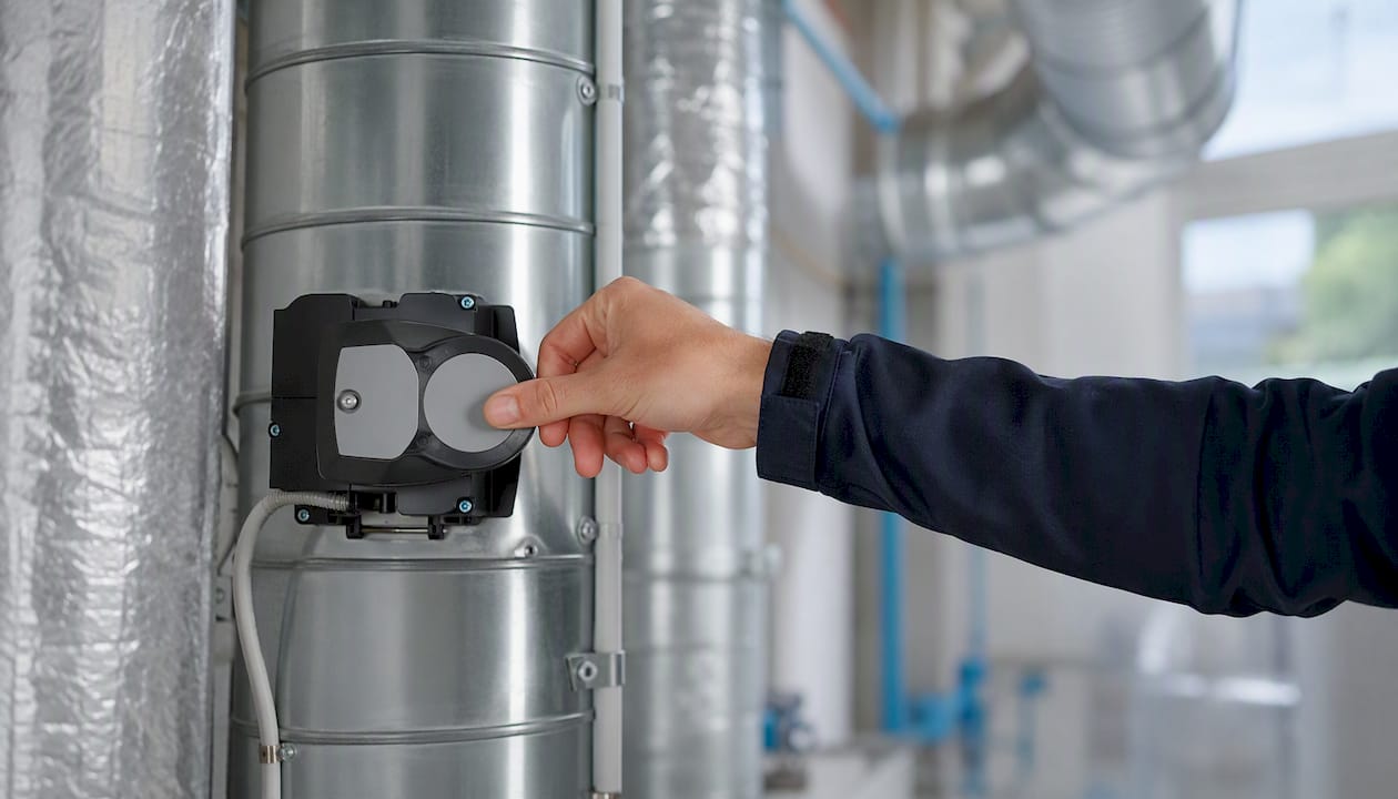 Une personne ajuste le réglage du système de ventilation dans une salle technique.