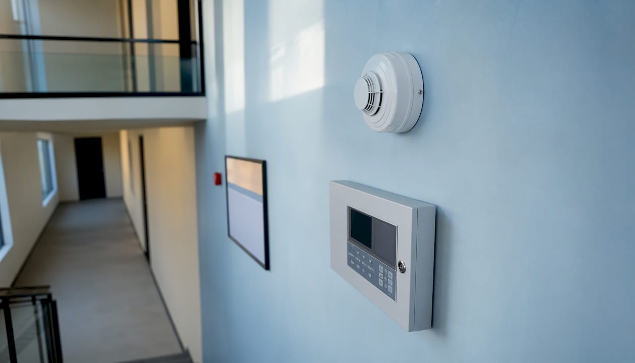 Des équipements de sécurité incendie ont été installés dans le couloir des bureaux.