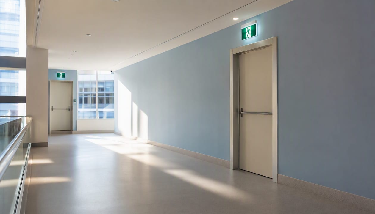 Des issues de secours bien signalées et un couloir de bureau dégagé pour sécuriser les déplacements.