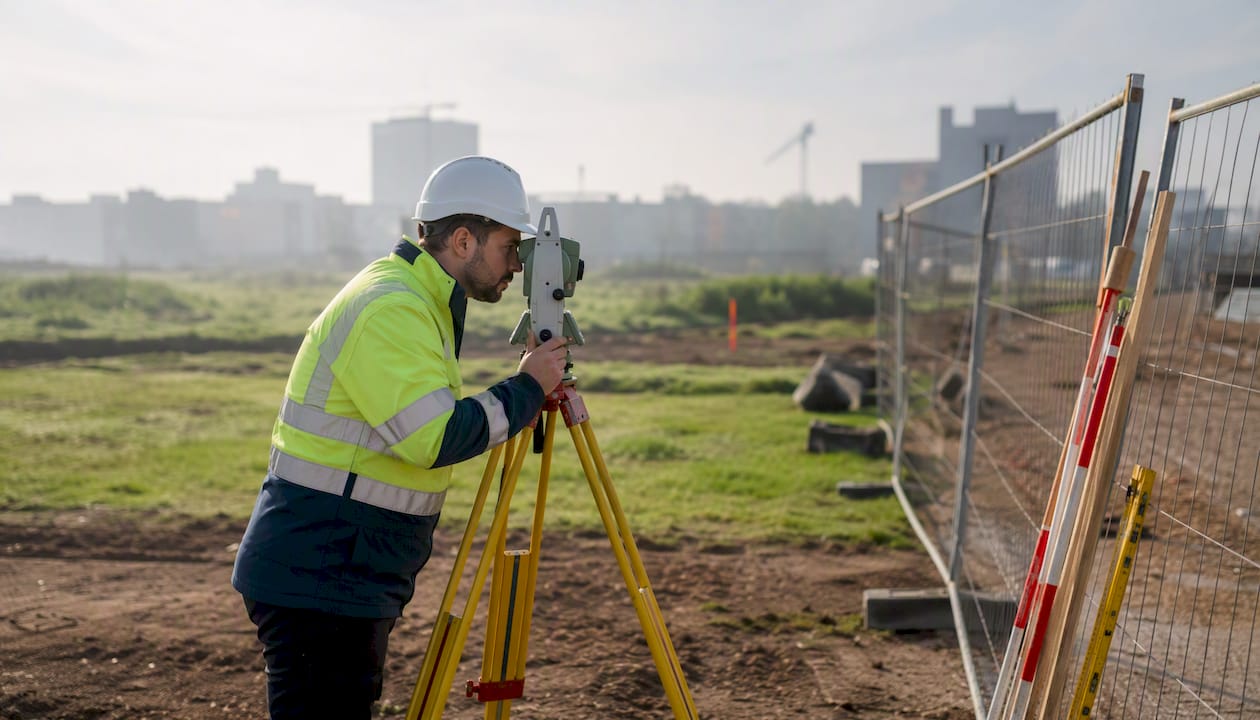 Un géomètre s’affaire sur un chantier, manipulant son théodolite pour effectuer des relevés précis.