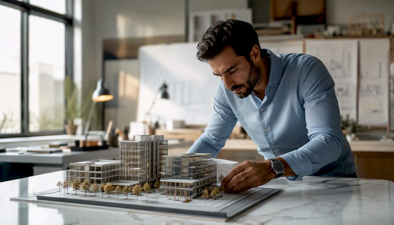 Des mains s'affairent à peaufiner une maquette d'ensemble de bureaux, ajustant minutieusement chaque détail pour refléter le projet final.