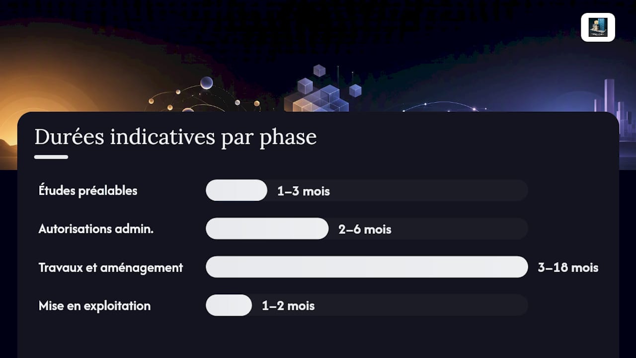 Présentation des différentes étapes du projet d’implantation, avec un aperçu de leur durée et des coûts associés.