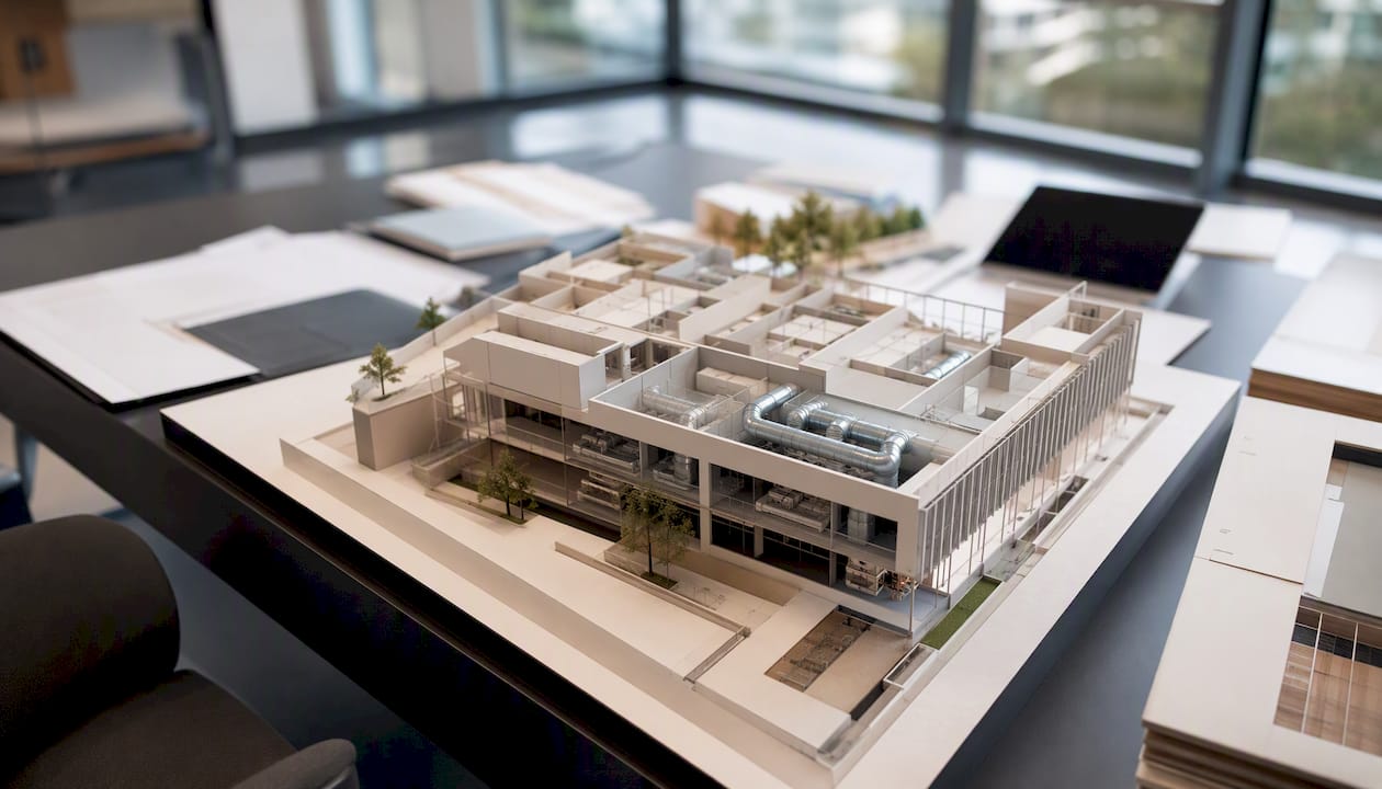 Maquette d’architecture exposée dans un bureau