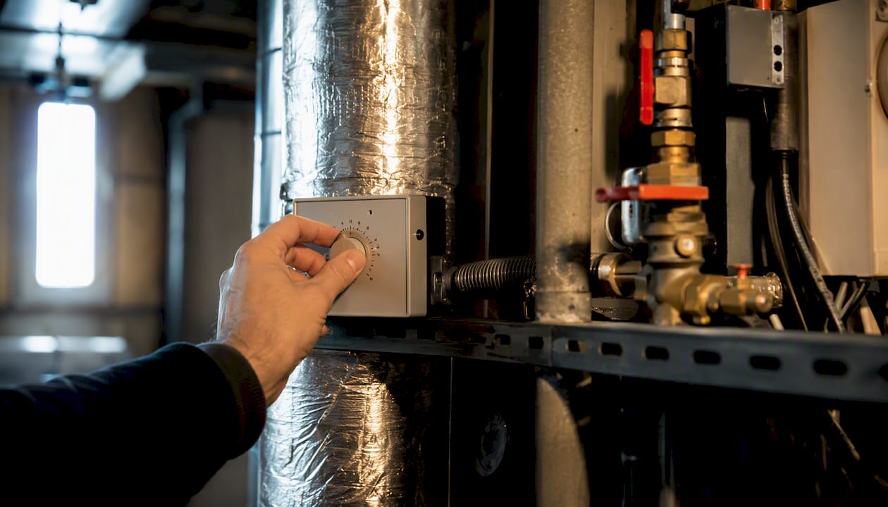 Une personne règle la température sur le thermostat d’un système de chauffage ou de climatisation.