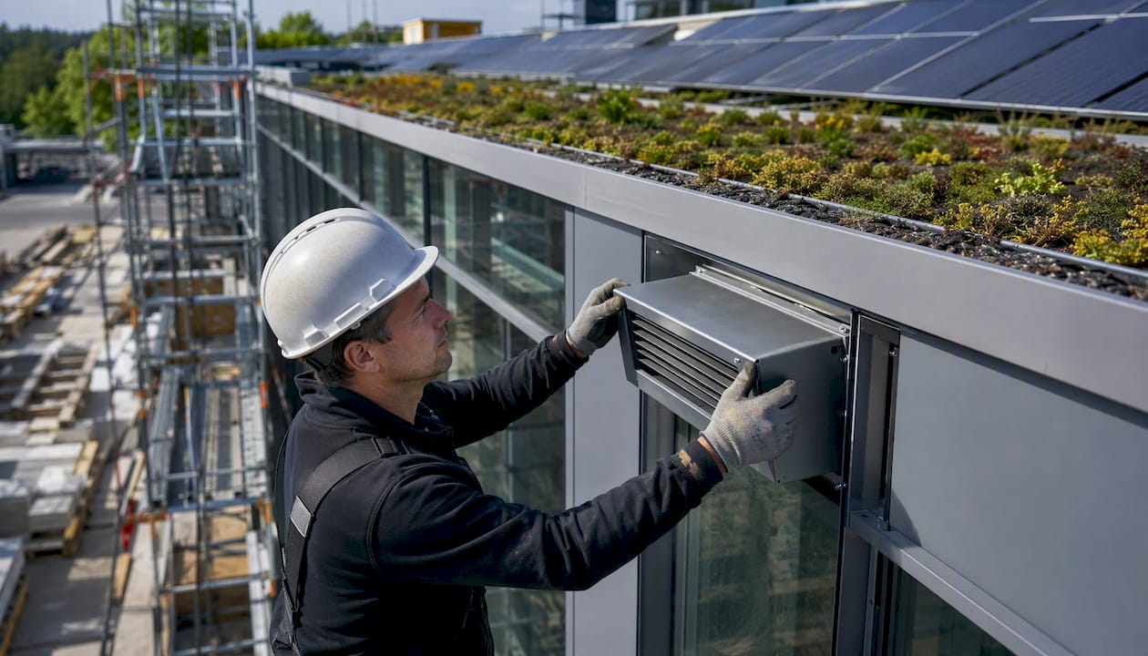 Un technicien procède à l’installation d’un système de ventilation économe en énergie à l’extérieur.