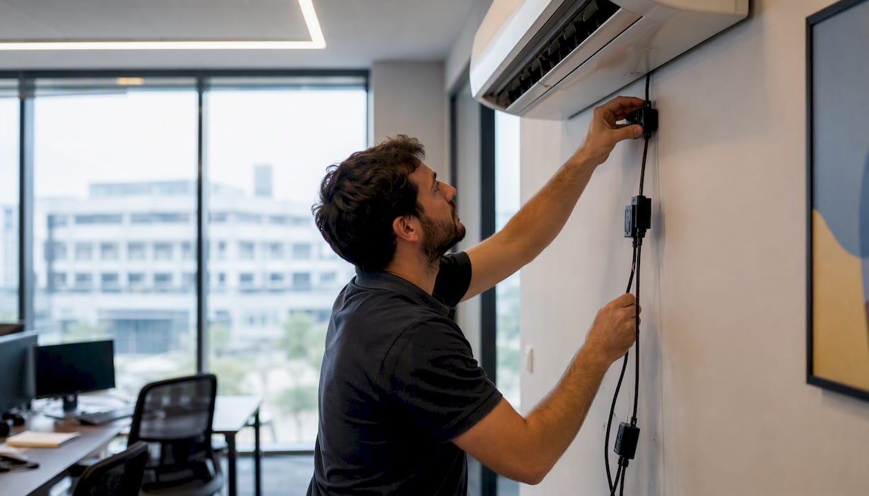 Des techniciens procèdent à des réglages sur des compteurs d’énergie dans une salle technique.