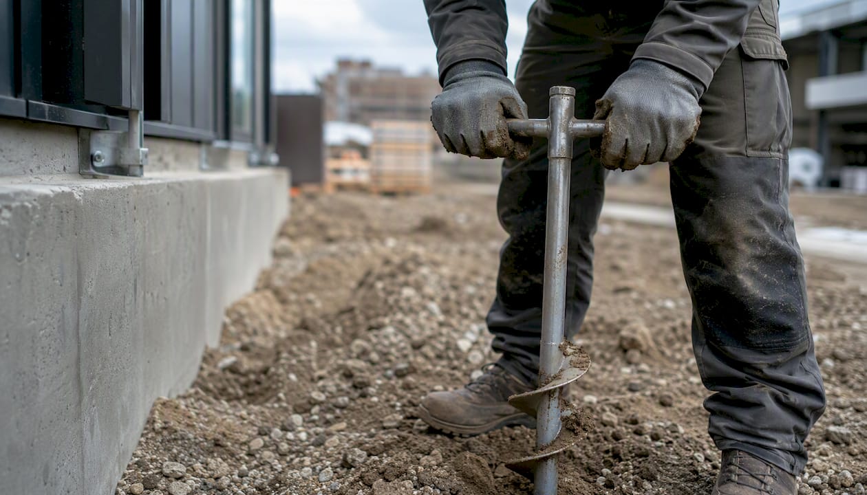 Un technicien effectue des prélèvements de sol sur un chantier de construction.