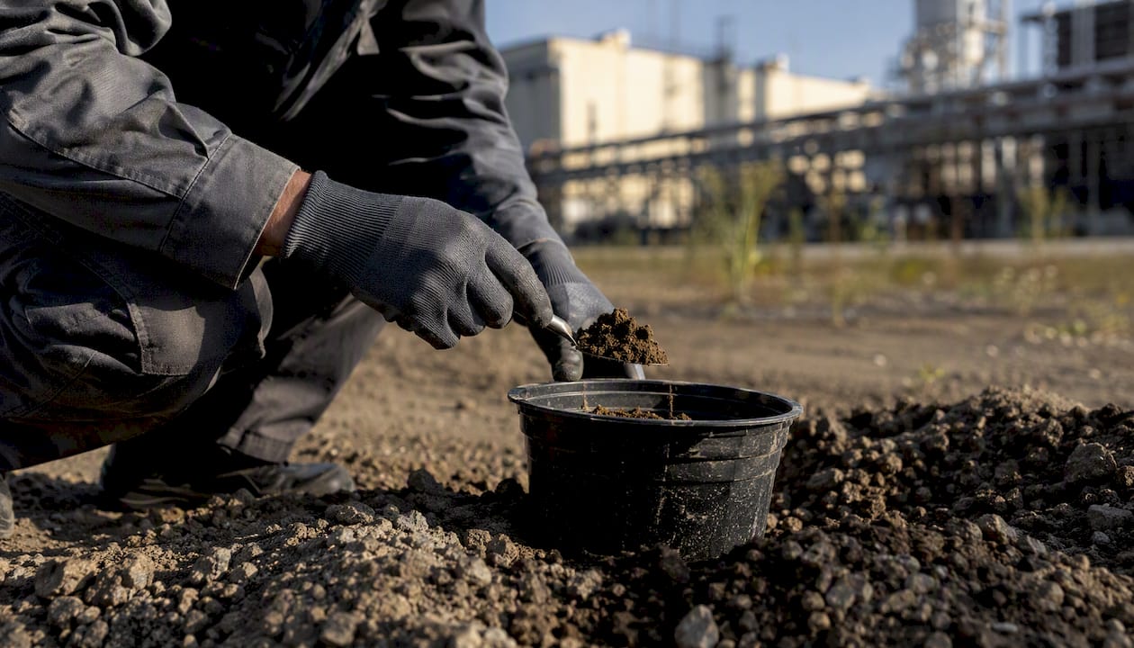Un technicien procède à des prélèvements de sol afin de vérifier la présence éventuelle de pollution.