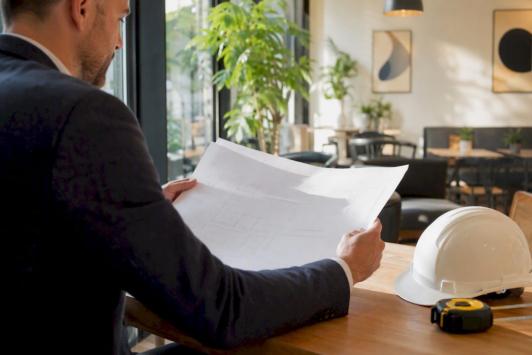 Des mains examinent des plans sur un chantier de construction.
