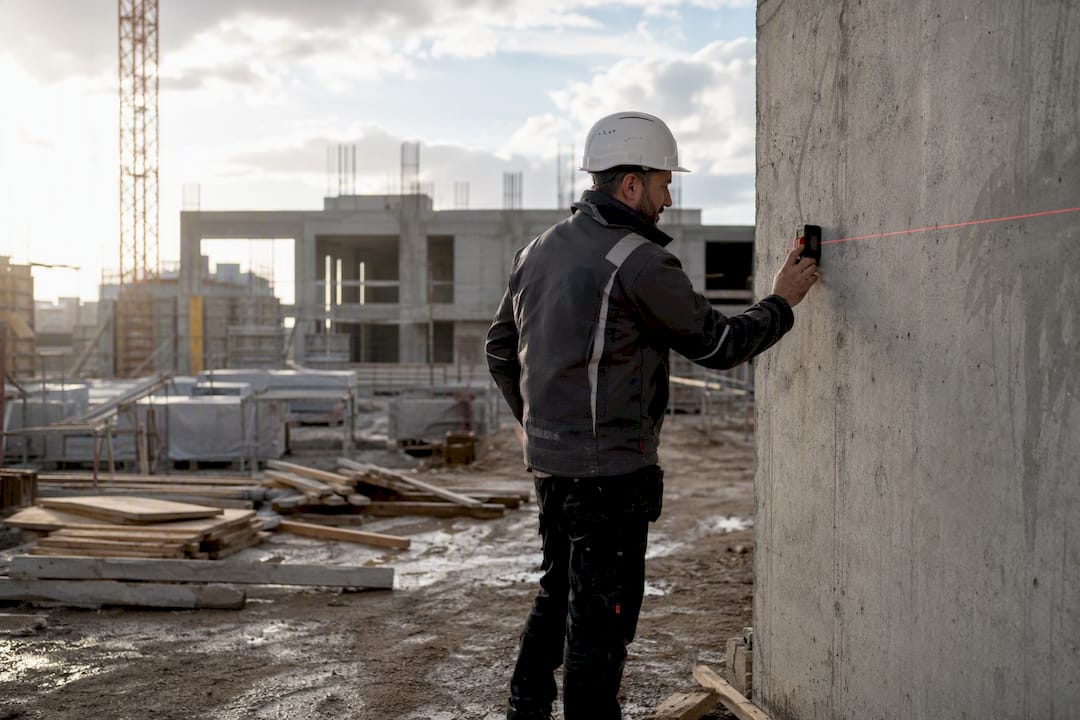 Un technicien en train de prendre les mesures d’un mur directement sur le chantier.