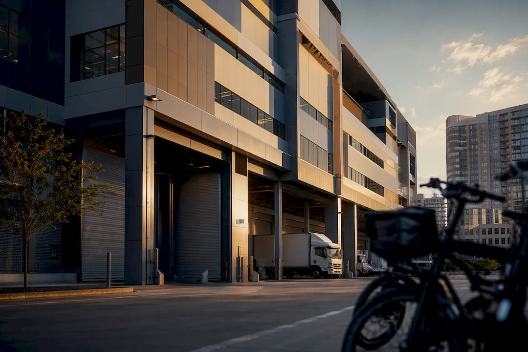 Façade d’un entrepôt logistique urbain à plusieurs niveaux