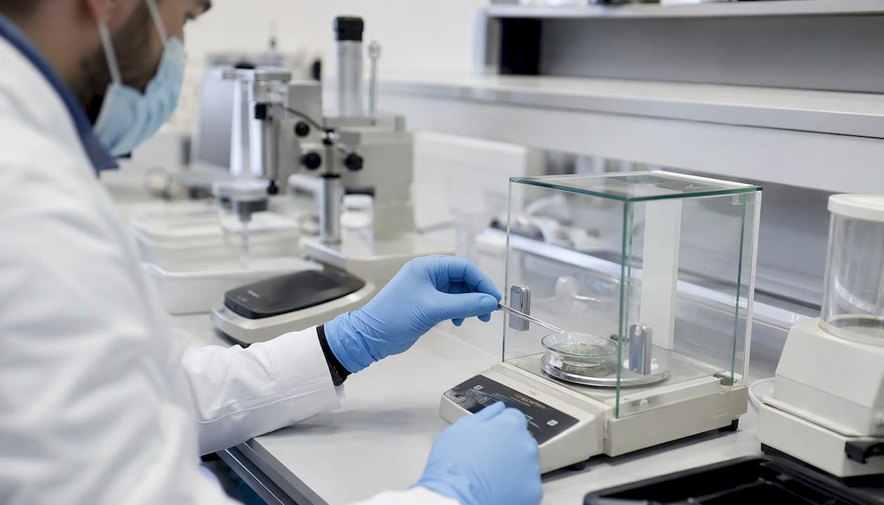 Mains gantées préparant un échantillon d'amiante en laboratoire