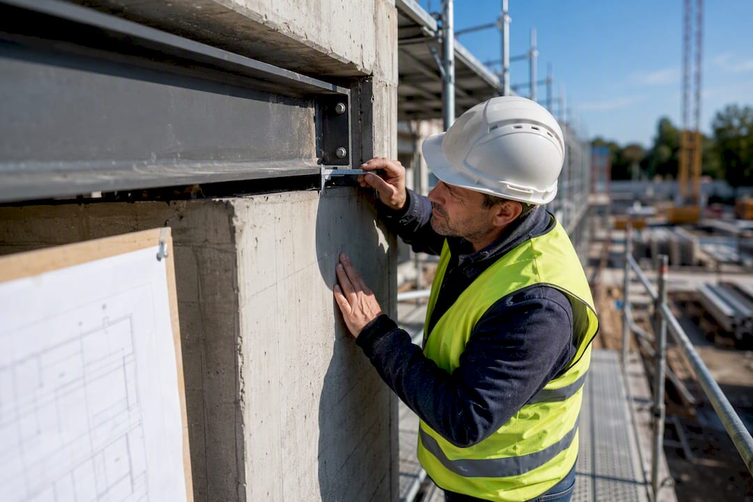 Inspecteur de chantier vérifiant une poutre porteuse