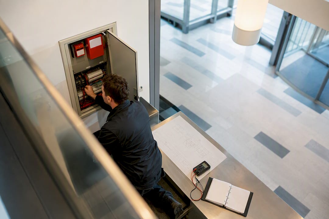 Technicien vérifiant le matériel de sécurité incendie dans le hall d'un IGH