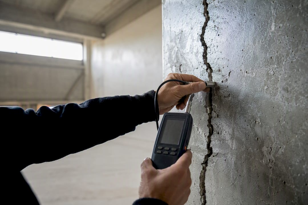 Mains mesurant une fissure sur un mur commercial