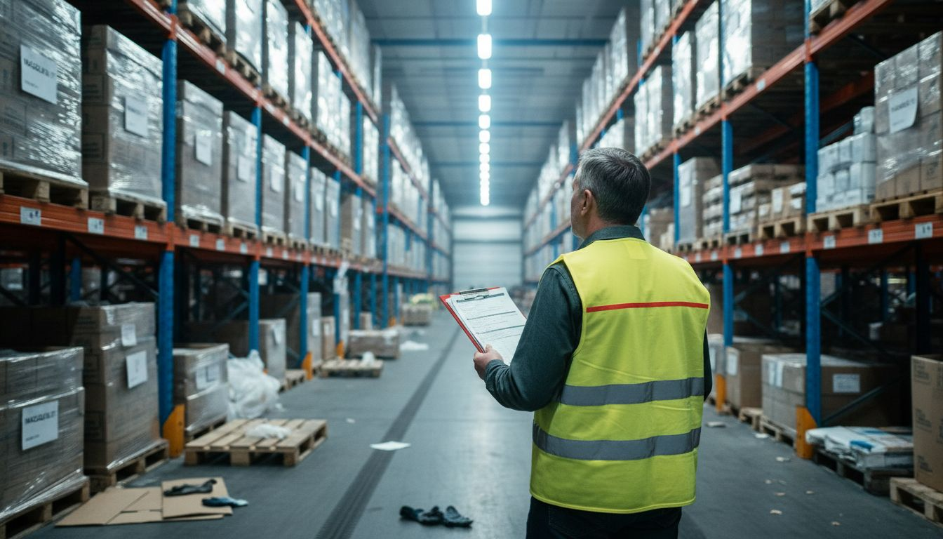 Kierownik kontroluje regały i palety na magazynowych alejkach.