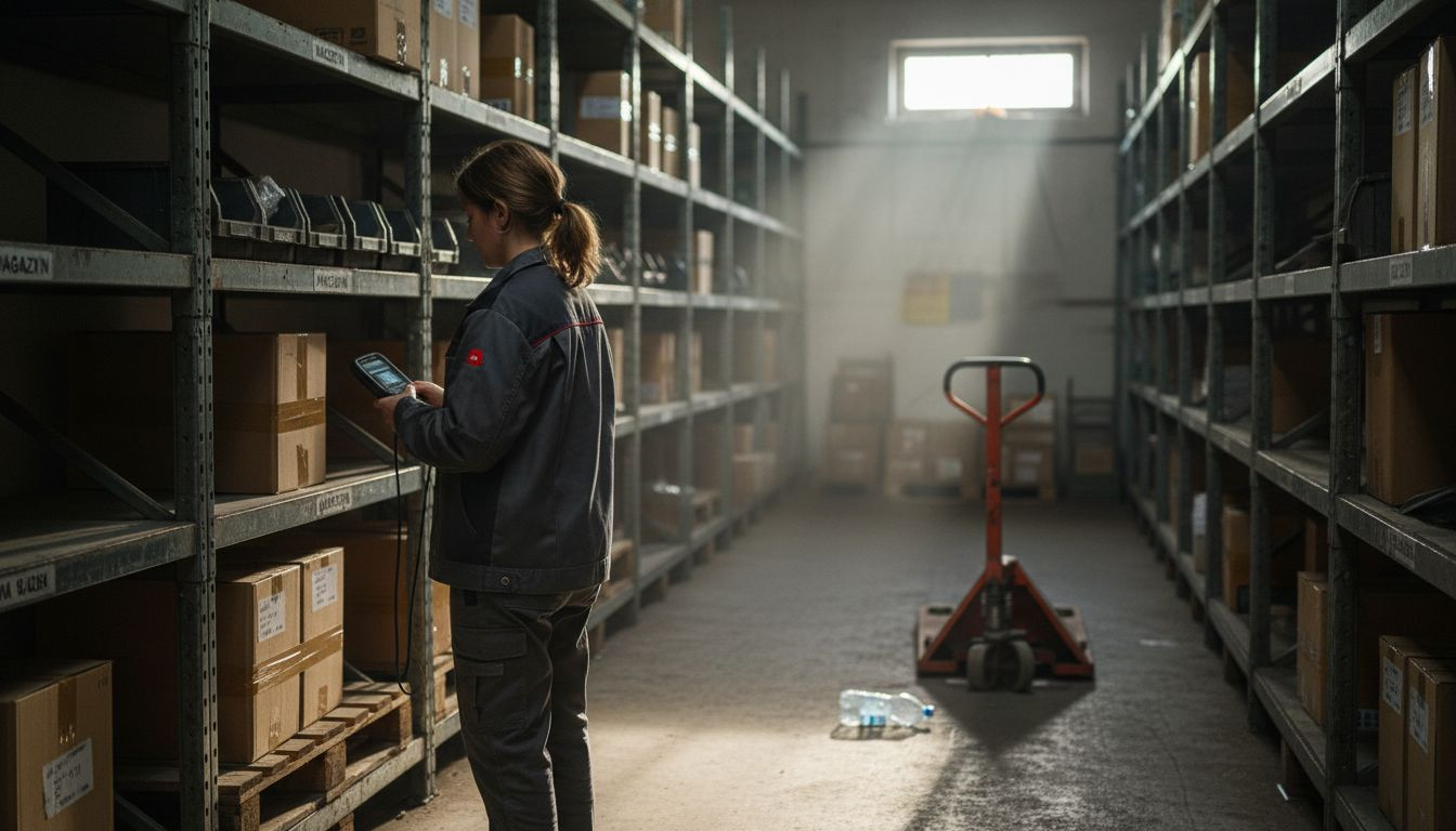 Pracownica sprawdzająca stany magazynowe przy półkach za pomocą skanera