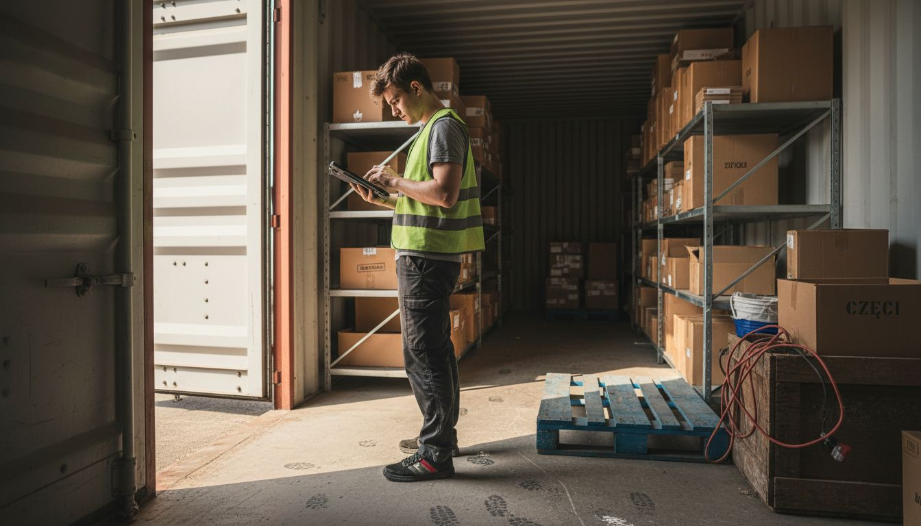 Technik sprawdza dane na tablecie wewnątrz magazynu z kontenerami.