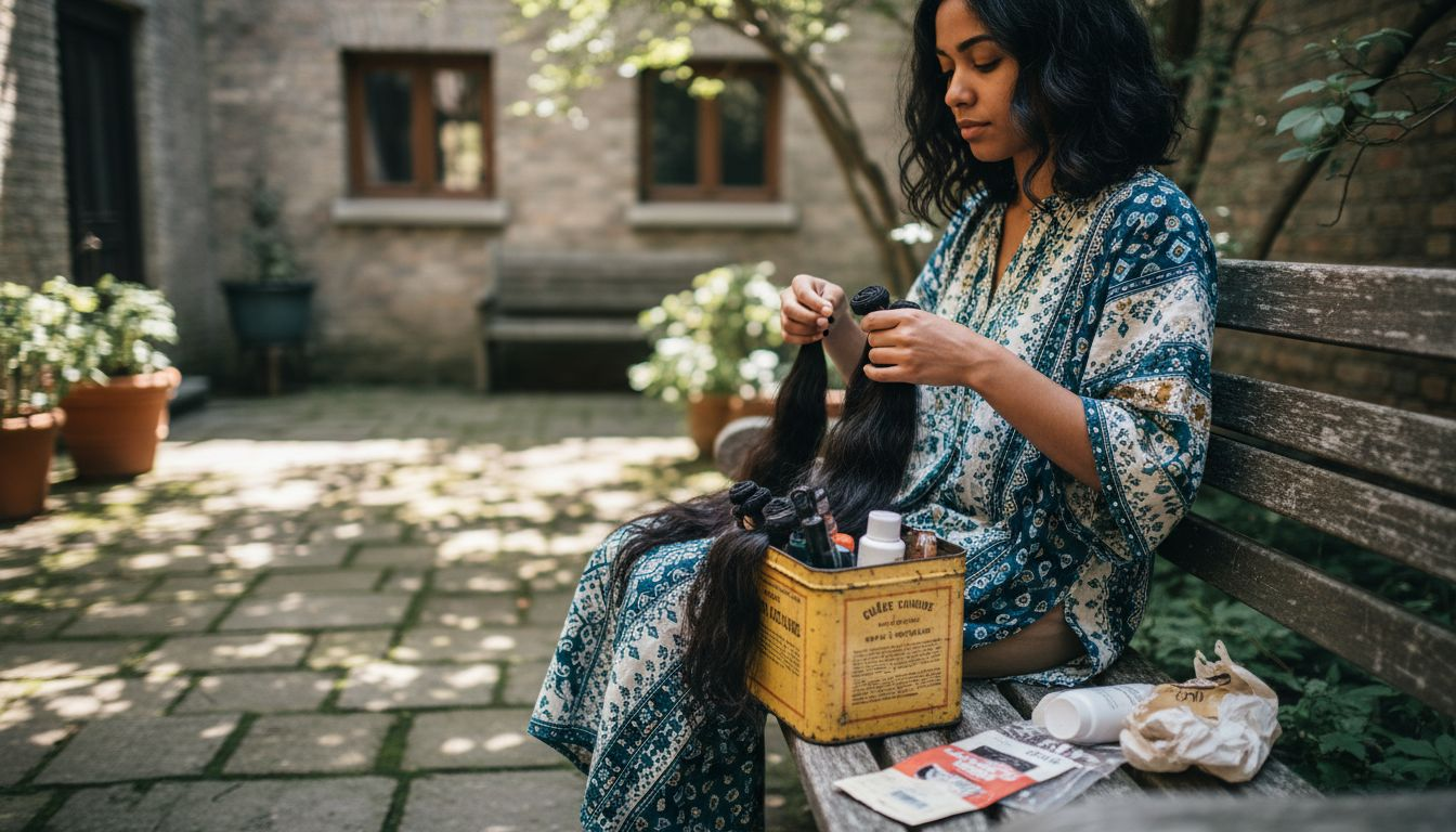 Woman sorting Indian hair extensions outdoors