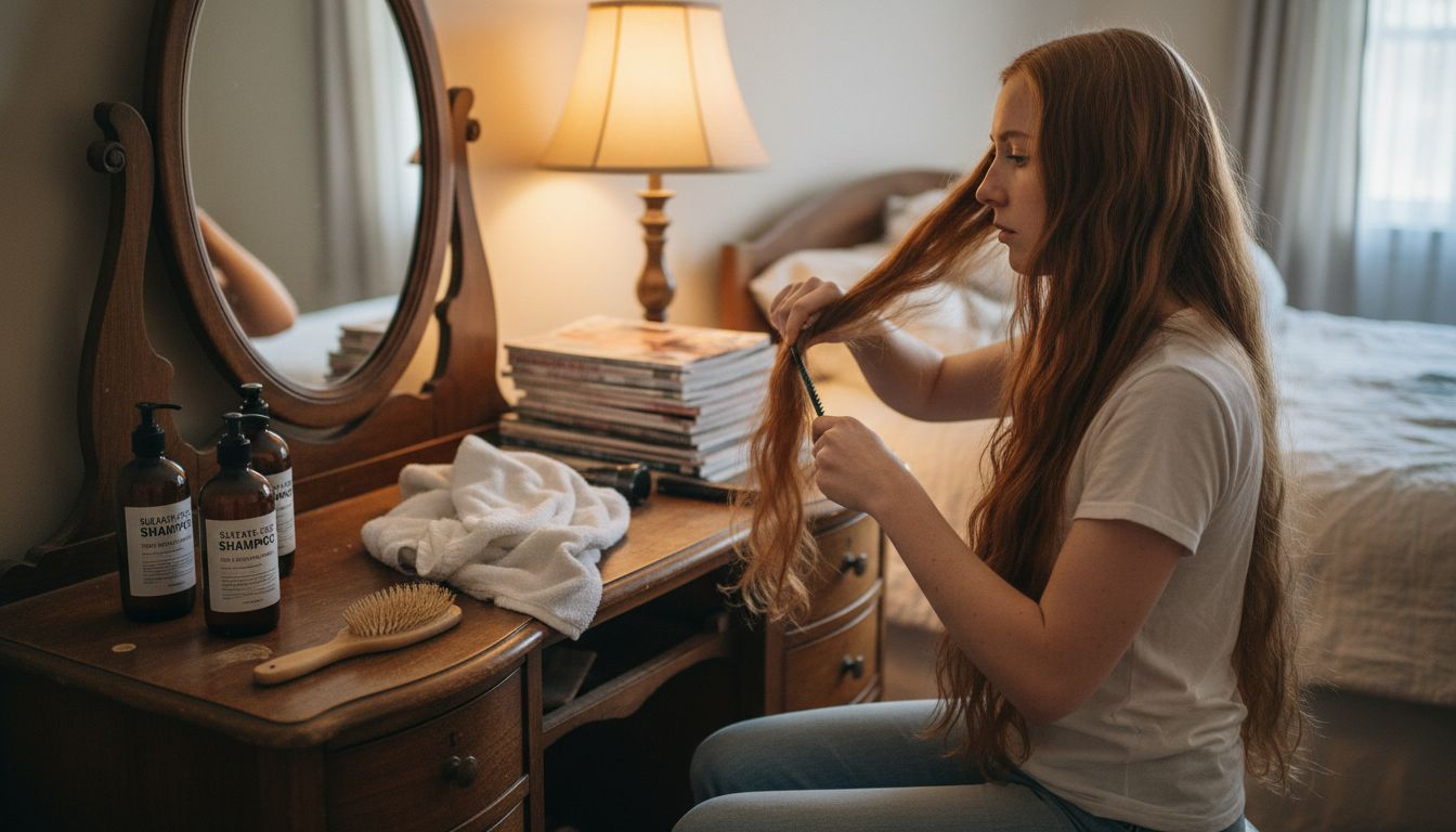 Woman caring for hair extensions at vanity