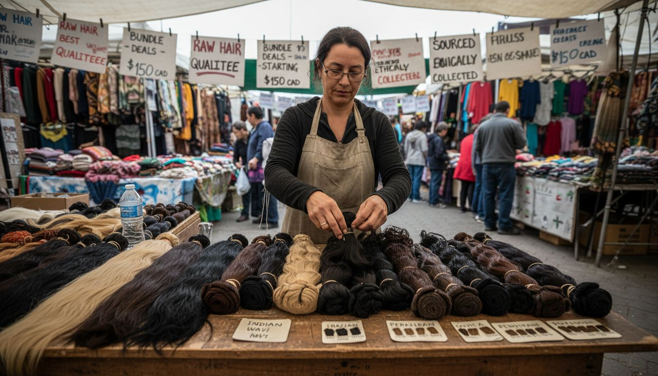 Hair seller sorting raw virgin hair in market