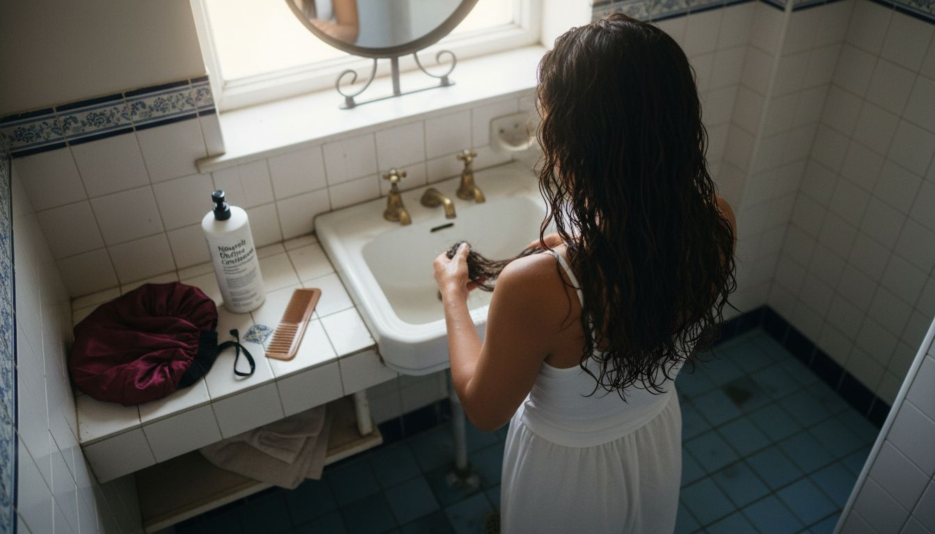 Woman conditioning raw Indian hair at sink