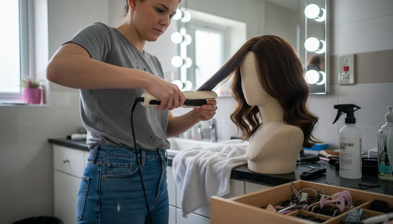 Stylist using flat iron on human hair wig