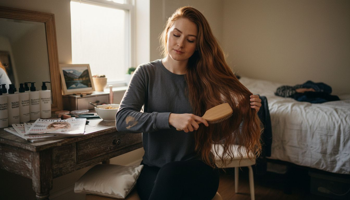 Woman caring for real hair extensions