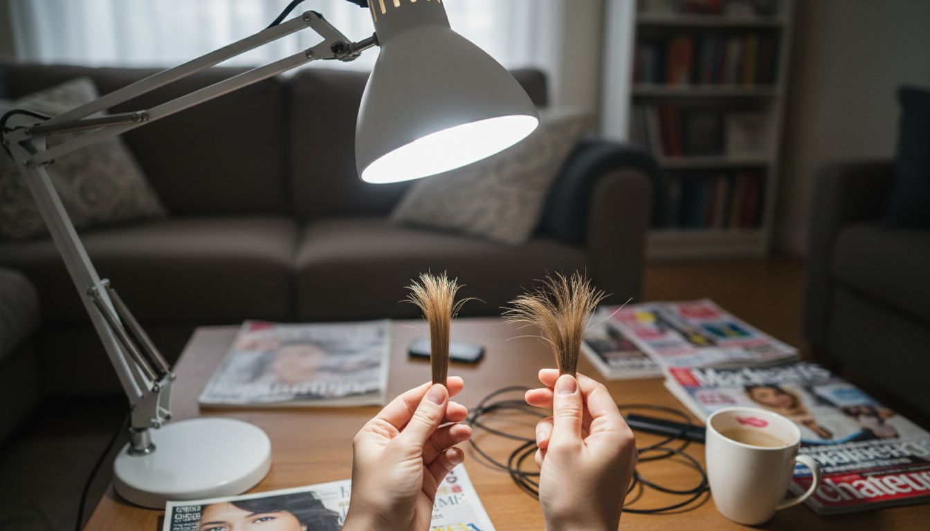 Hands comparing natural and processed hair cuticles