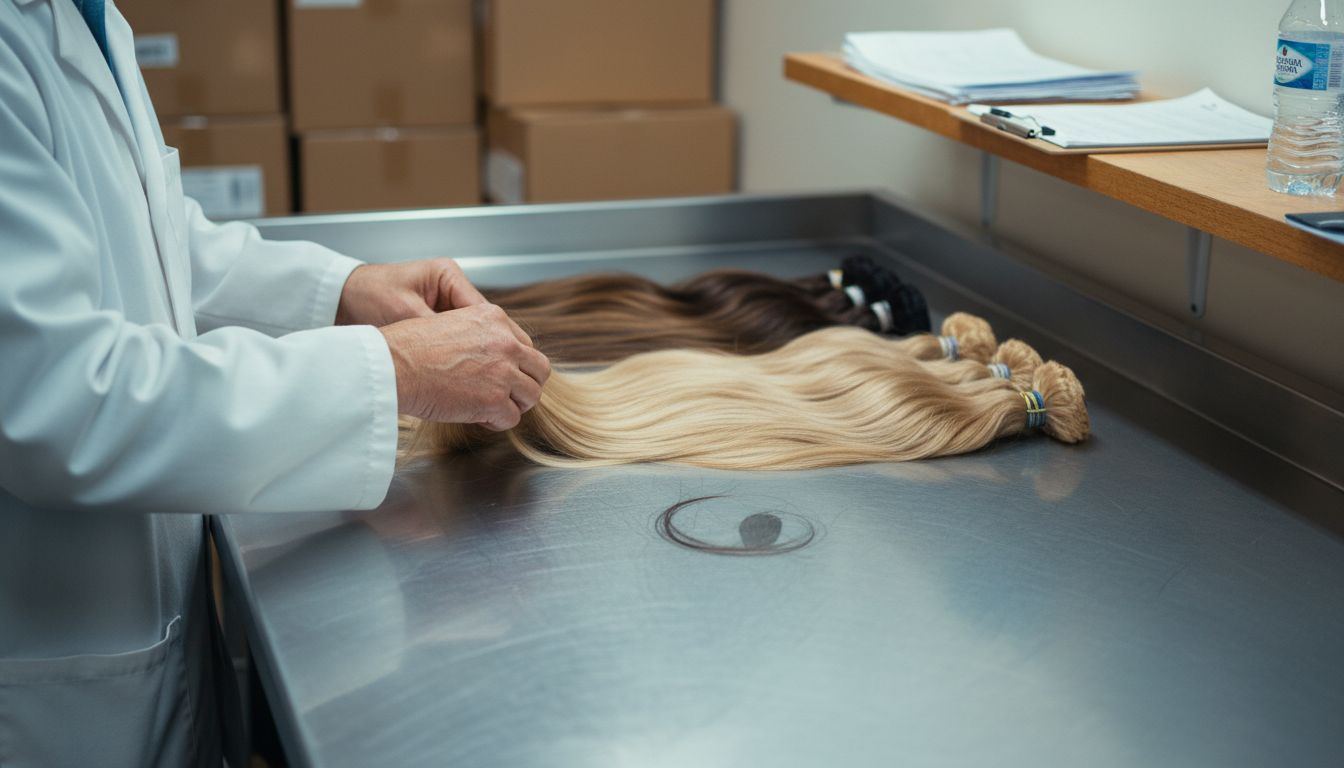 Technician inspects premium hair extension bundles