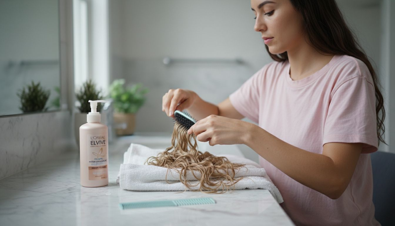 Preparing hair extensions at bathroom vanity