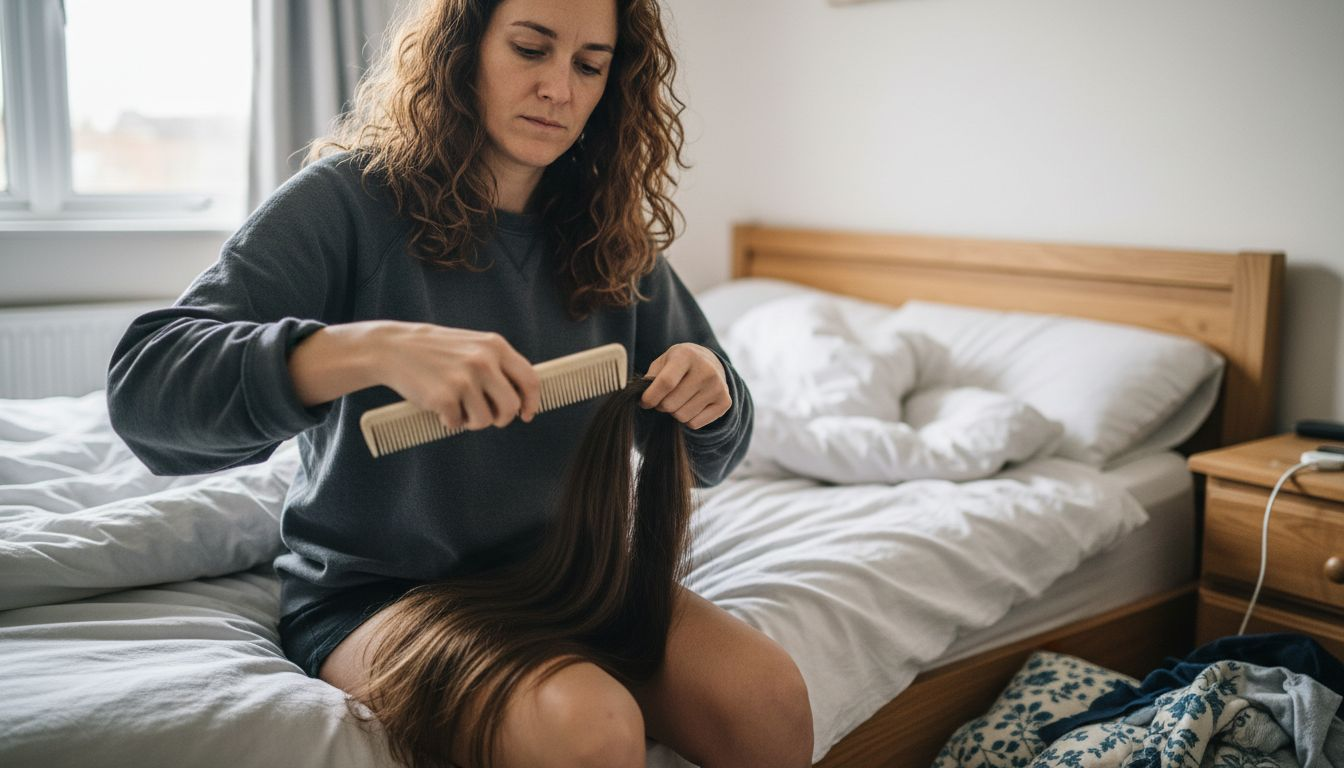 Woman gently detangles virgin hair extensions