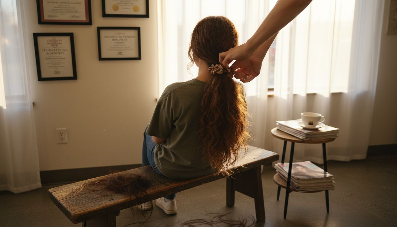 Stylist gathers ponytail for hair donation