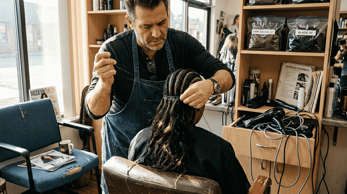 Sew-in hair extension being stitched onto cornrows