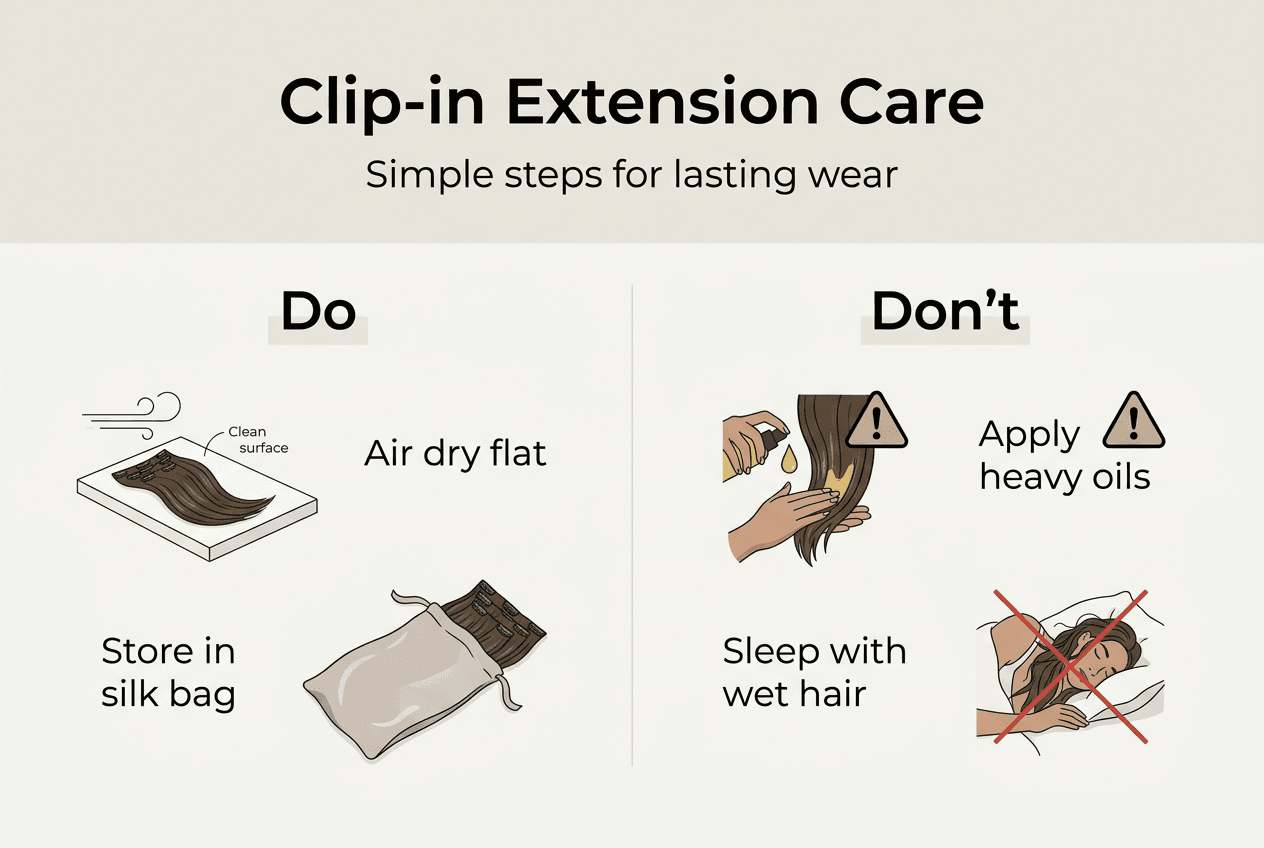 Infographic outlining clip-in extension care tips