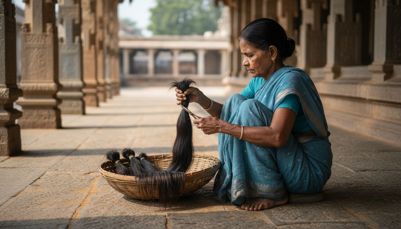 Traditional Indian temple hair donation process