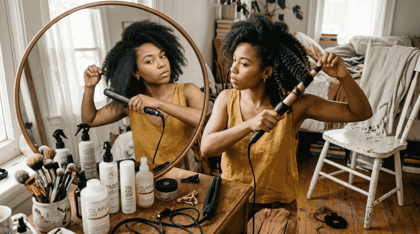 Woman styling real hair and hair bundle