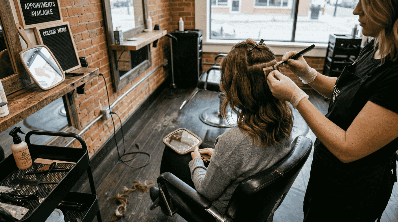 Stylist applying tape-in hair extensions