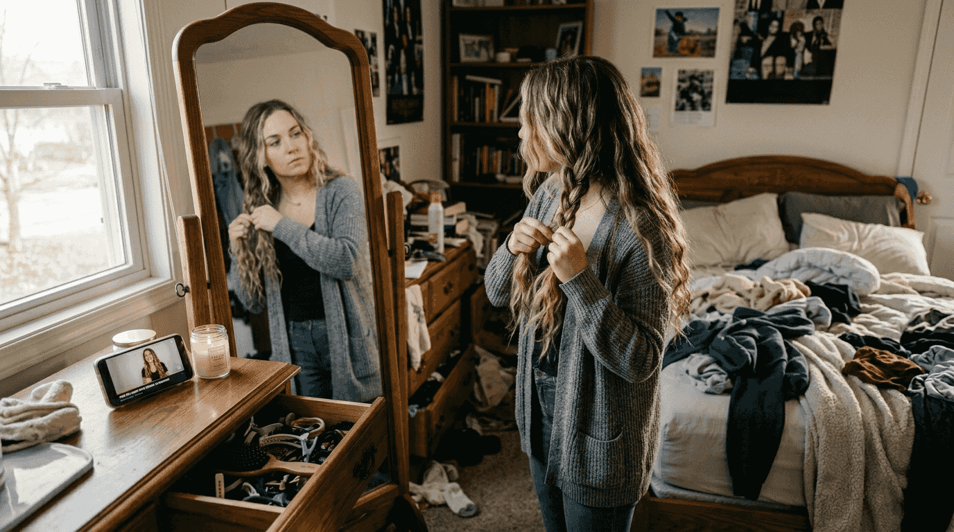 Woman braiding wavy hair extensions in bedroom