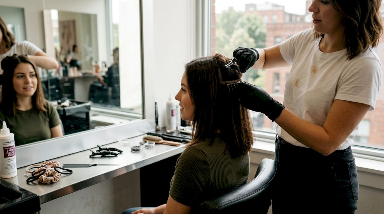 Stylist attaching straight Indian hair extensions
