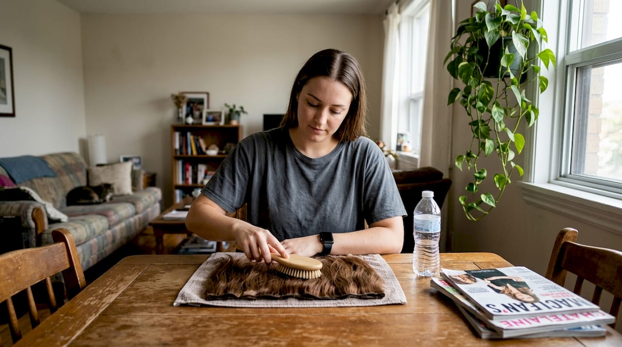 Woman gently brushing natural hair extensions