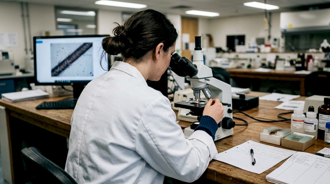 Technician analyzing hair cuticle alignment in lab