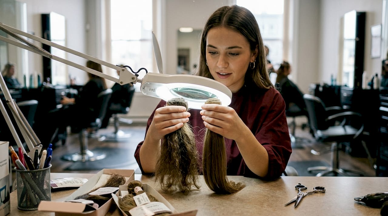 Technician comparing raw and processed hair bundles