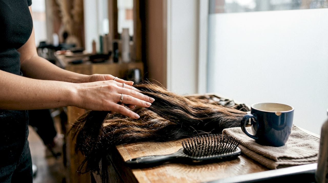 Hands inspecting cuticle aligned hair extensions